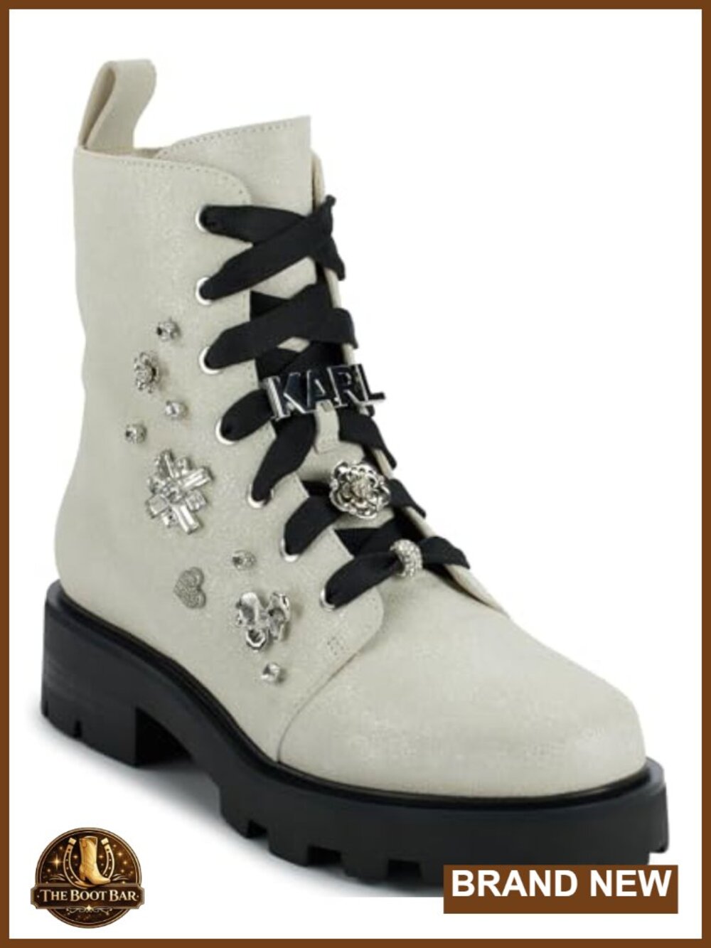 Lace Up Combat Boot With Pins Leather Round Toe Block Heel Ankle Bootie